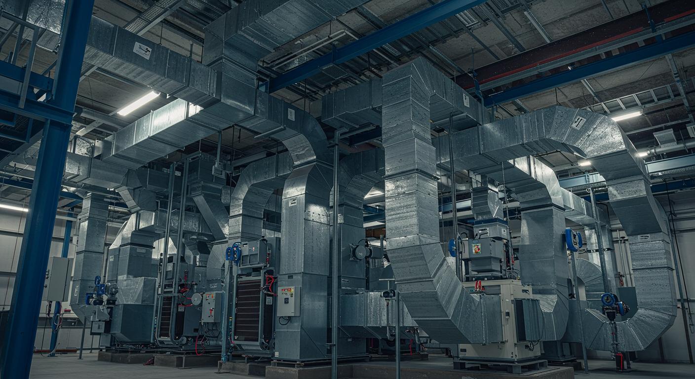 Воздуховоды с теплообменниками Воздуховоды с теплообменниками в промышленном помещении