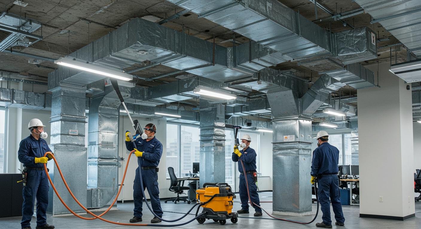 Процесс очистки воздуховодов в офисе Чистка вентиляции в офисе