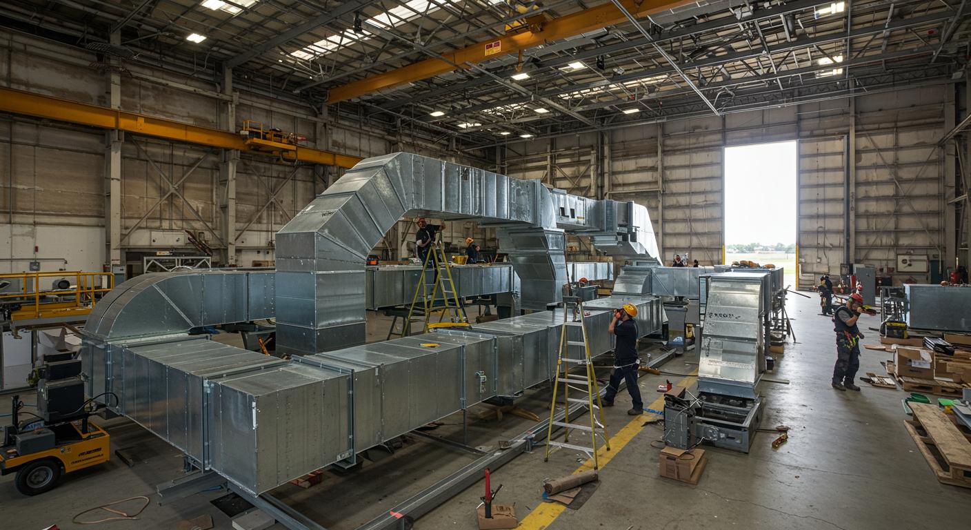 Монтаж воздуховодов в промышленном ангаре